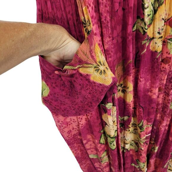 Vtg BILA Womens Pink Floral Crinkle Drop Waist Maxi Dress Sz L Pockets Rayon - Picture 6 of 12